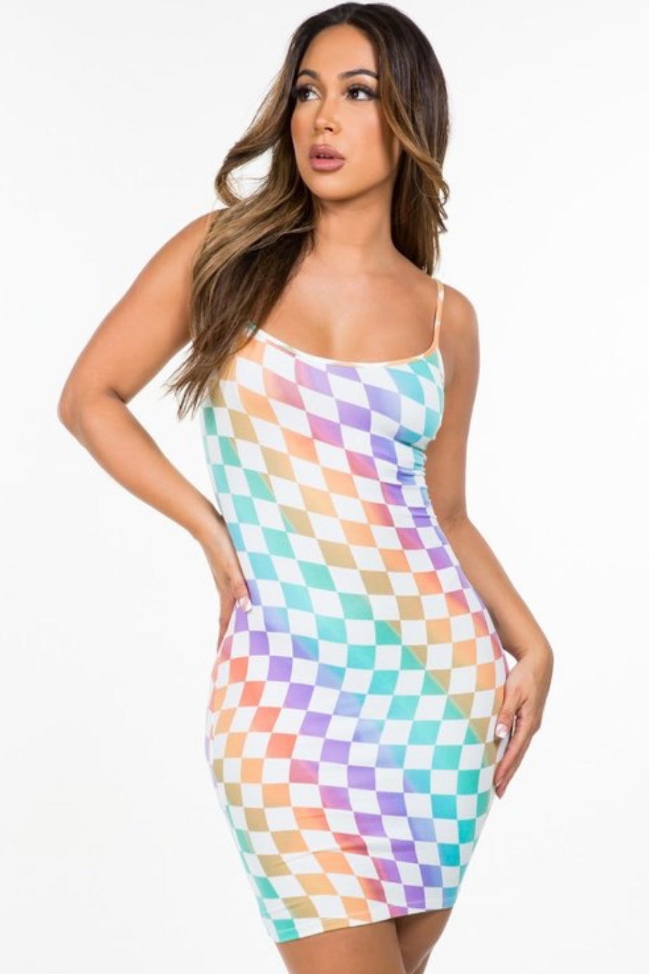 Mid front profile Checkmate Dress. Short checkered colorful bodycon dress. Perfect for those summer dates.