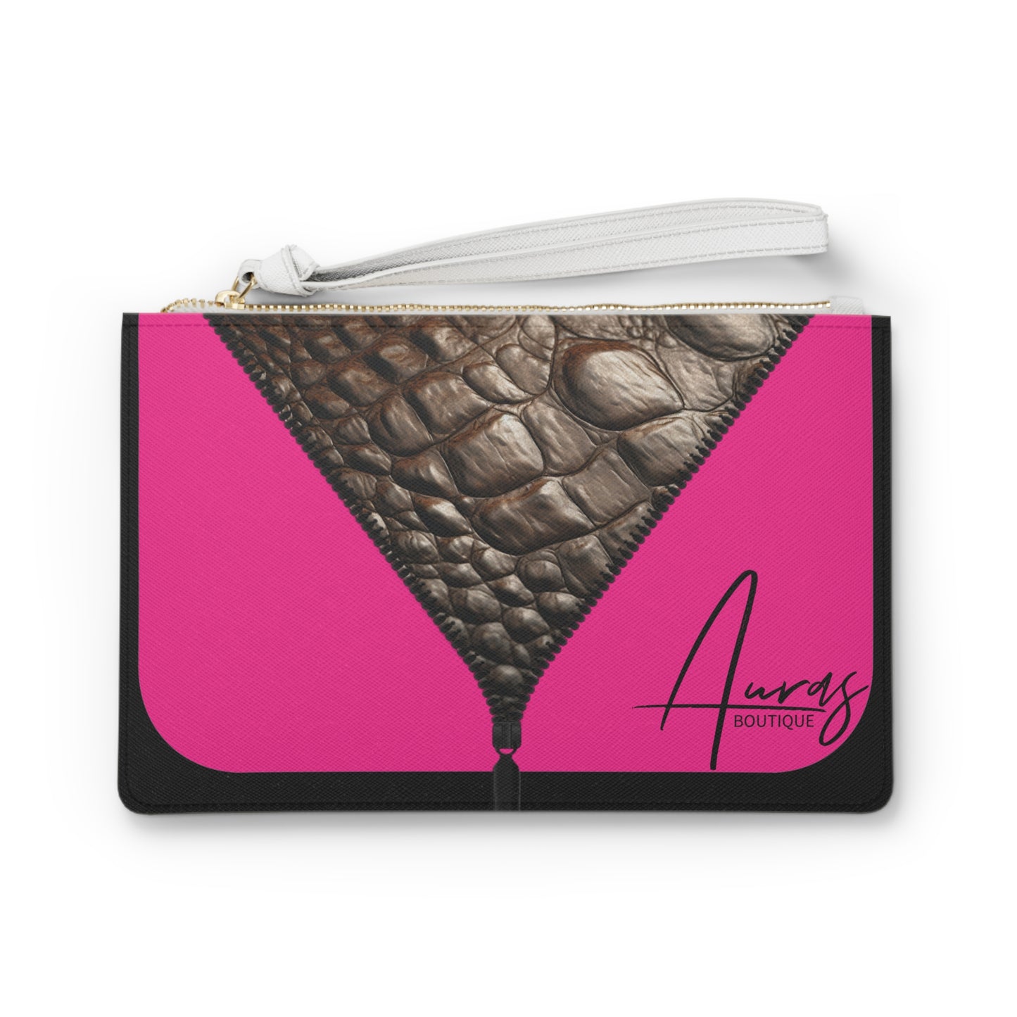 LUXE- Clutch: Front view of black clutch with crocodile texture print over Auras Rose.