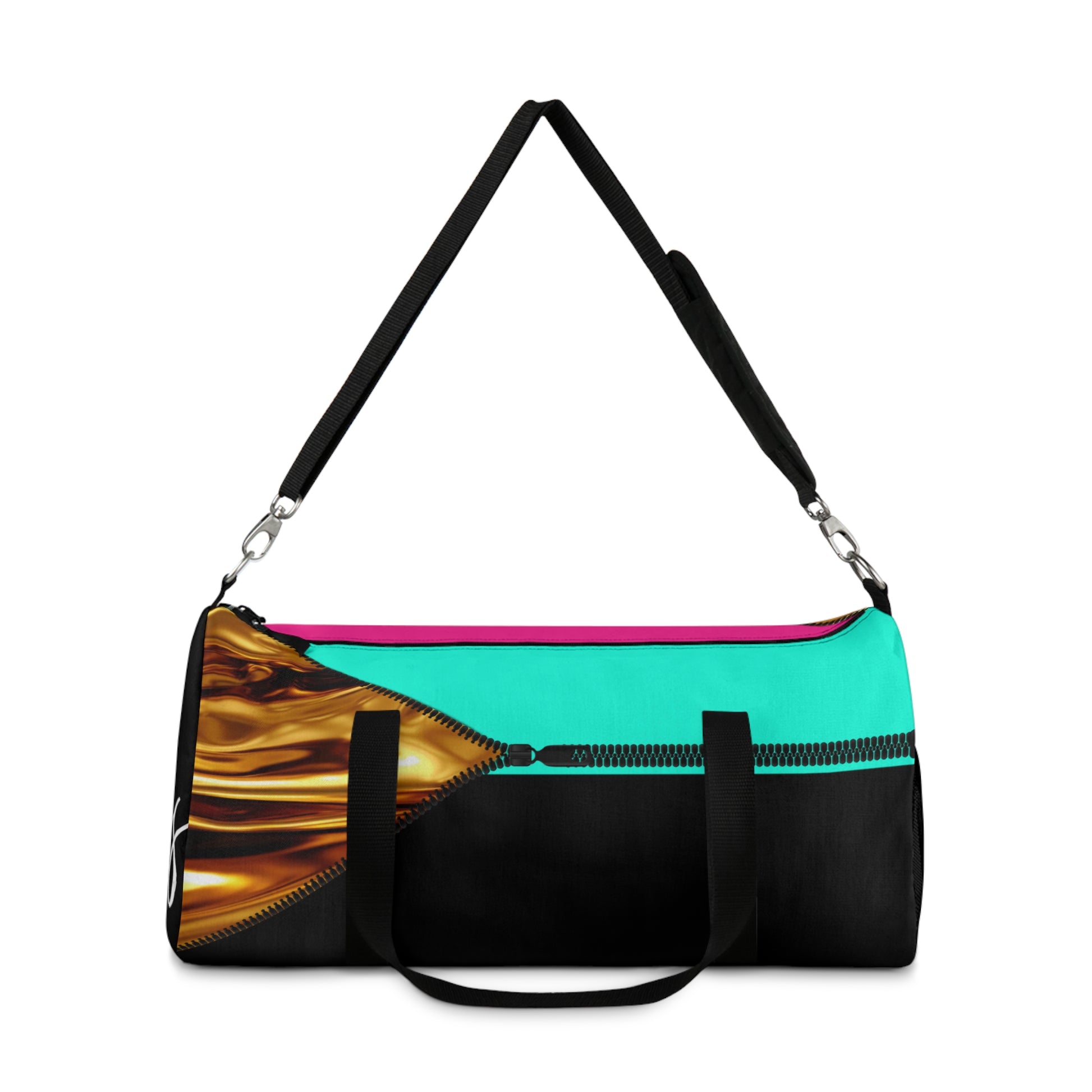 LUXE-Duffel: Front view of black bag with gold texture print over Auras Rose and Auras Turquoise.