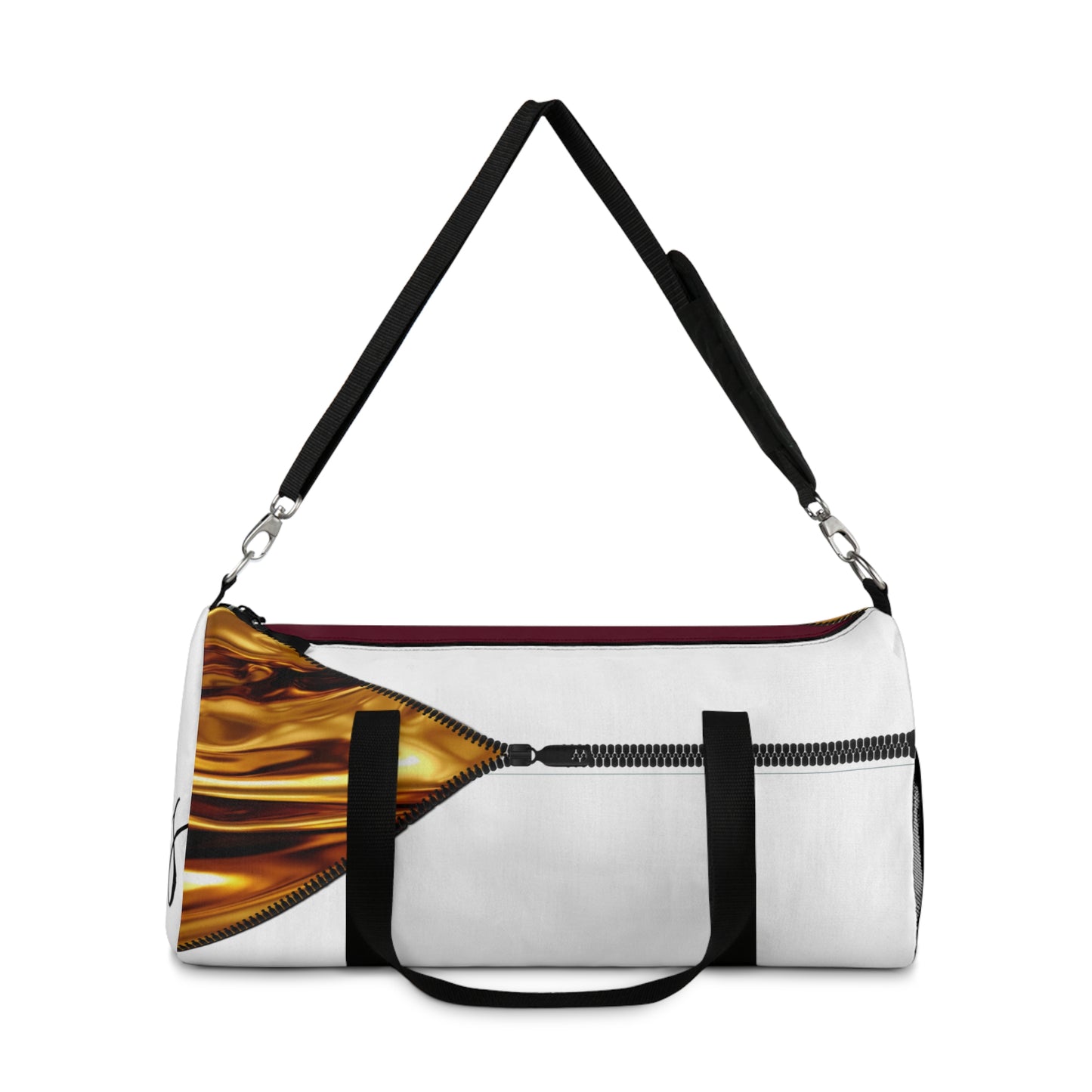 LUXE-Duffel: Front view of white bag with gold texture print over merlot and white.