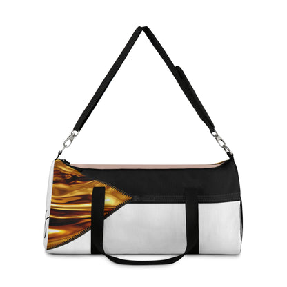 LUXE-Duffel: Front view of white bag with gold texture print over coral and black.