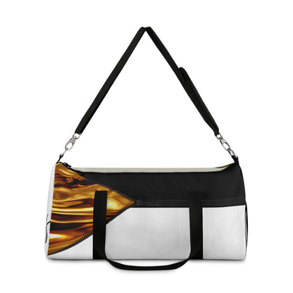 LUXE-Duffel: Front view of white bag with gold texture print over beige and black.