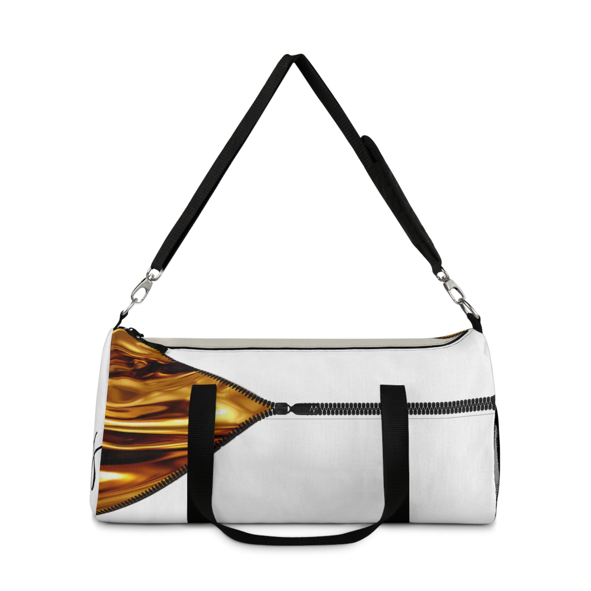 LUXE-Duffel: Front view of white bag with gold texture print over beige and white.