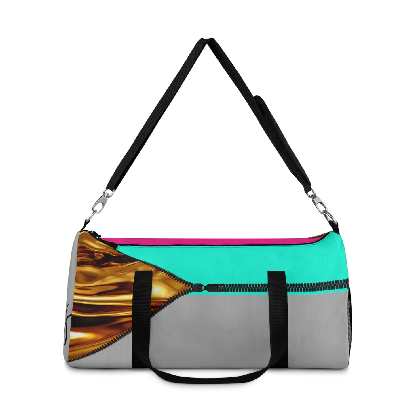 LUXE-Duffel: Front view of light grey bag with gold texture print over Auras Rose and Auras Turquoise.