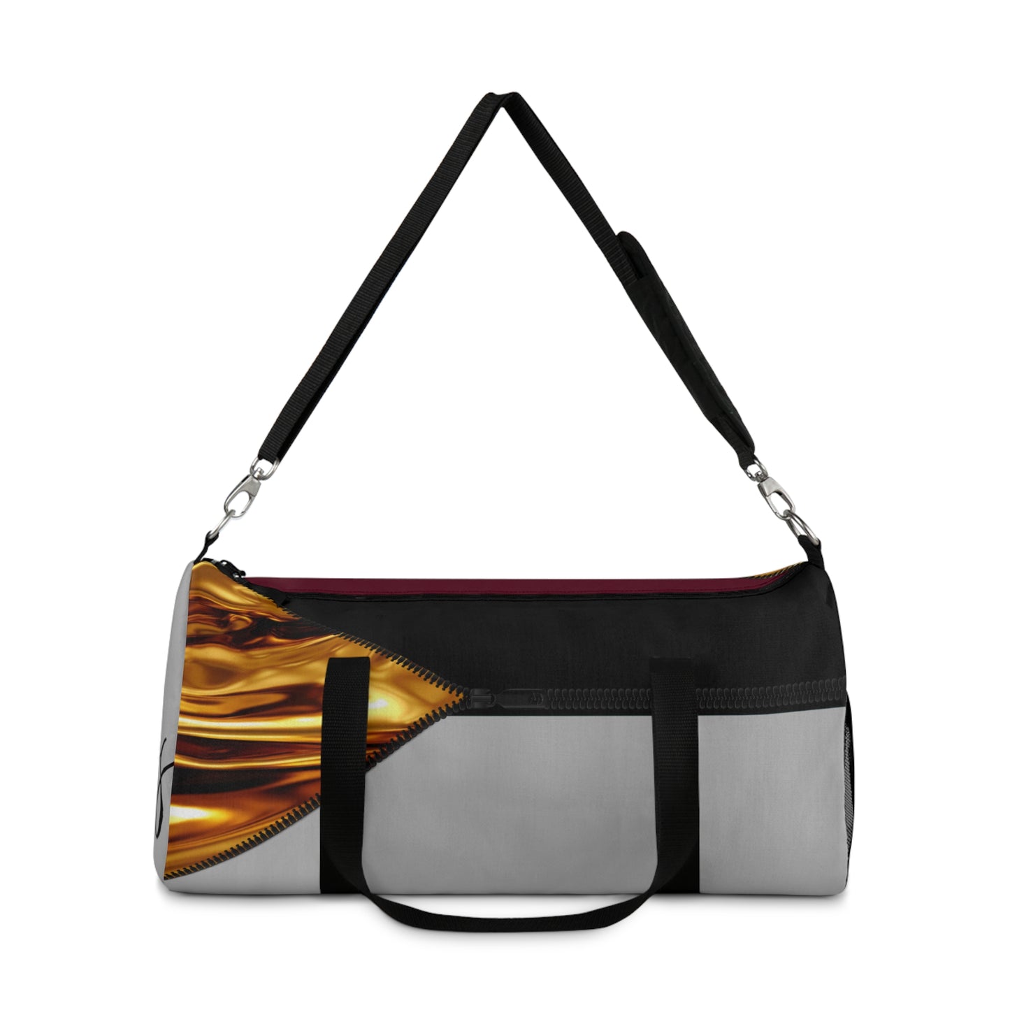 LUXE-Duffel: Front view of light grey bag with gold texture print over merlot and black.