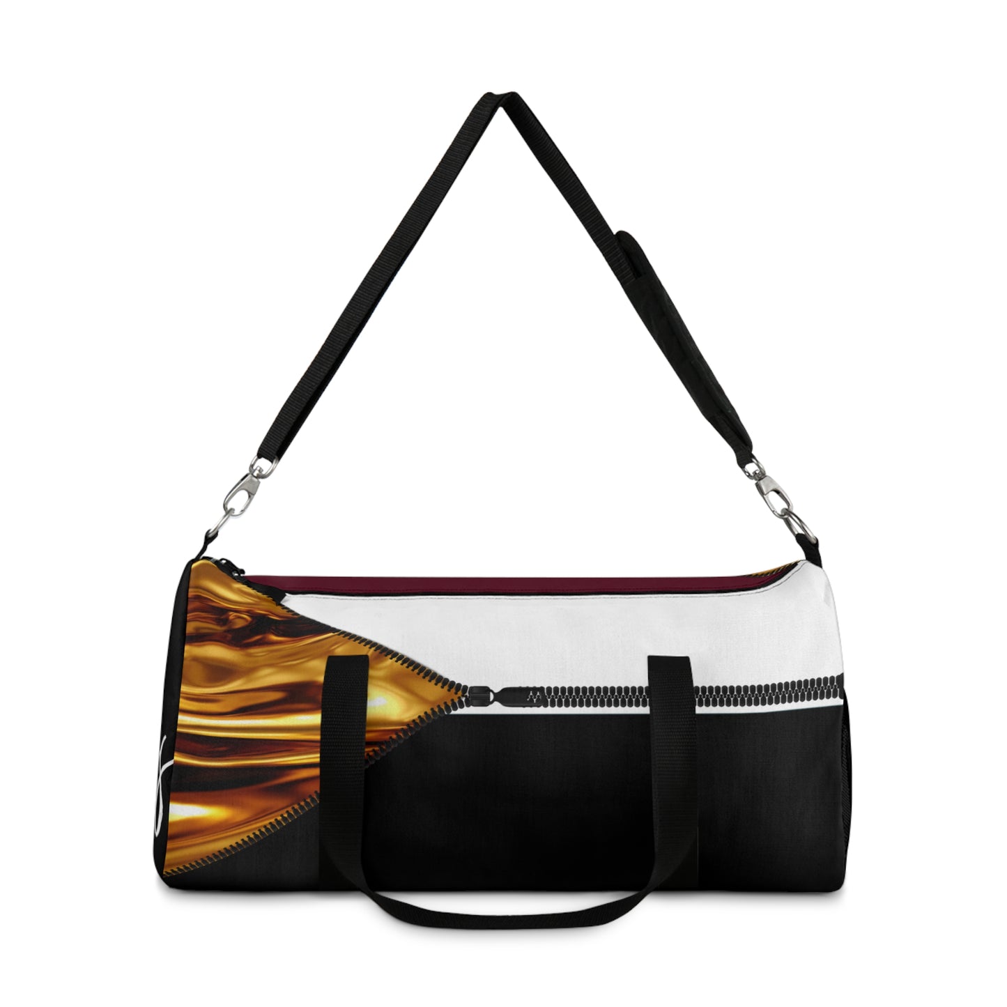 LUXE-Duffel: Front view of black bag with gold texture print over merlot and white.