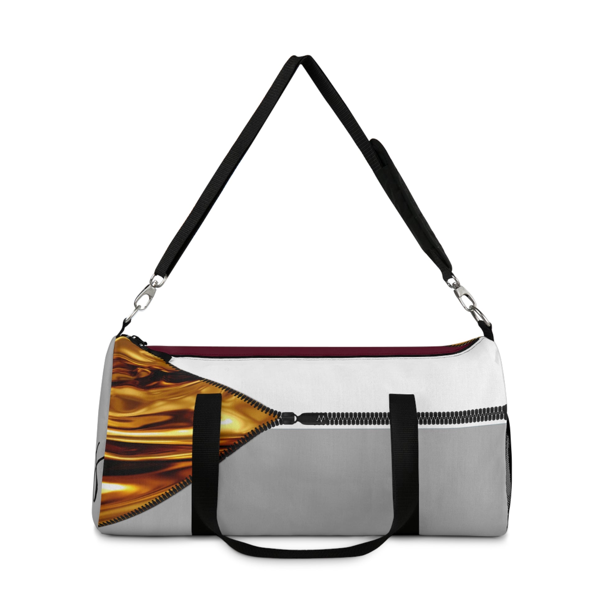 LUXE-Duffel: Front view of light grey bag with gold texture print over merlot and white.