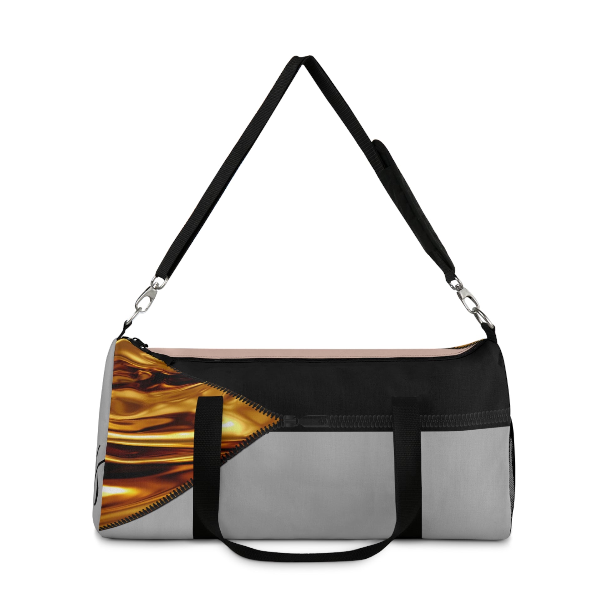 LUXE-Duffel: Front view of light grey bag with gold texture print over black and coral.