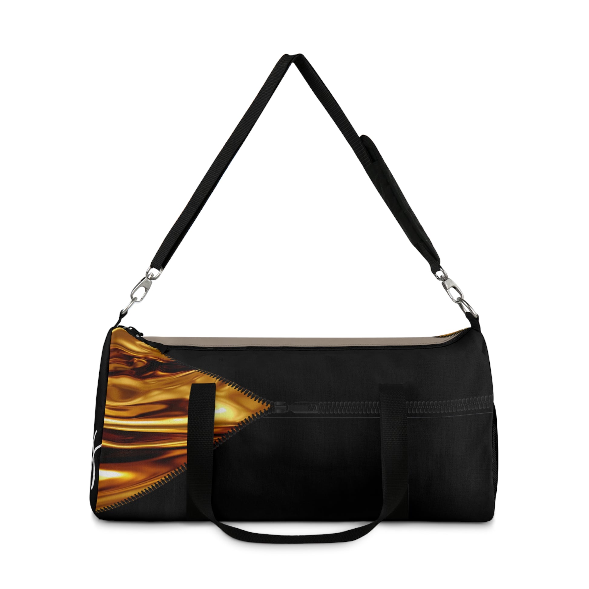 LUXE-Duffel: Front view of black bag with gold texture print over khaki and black.