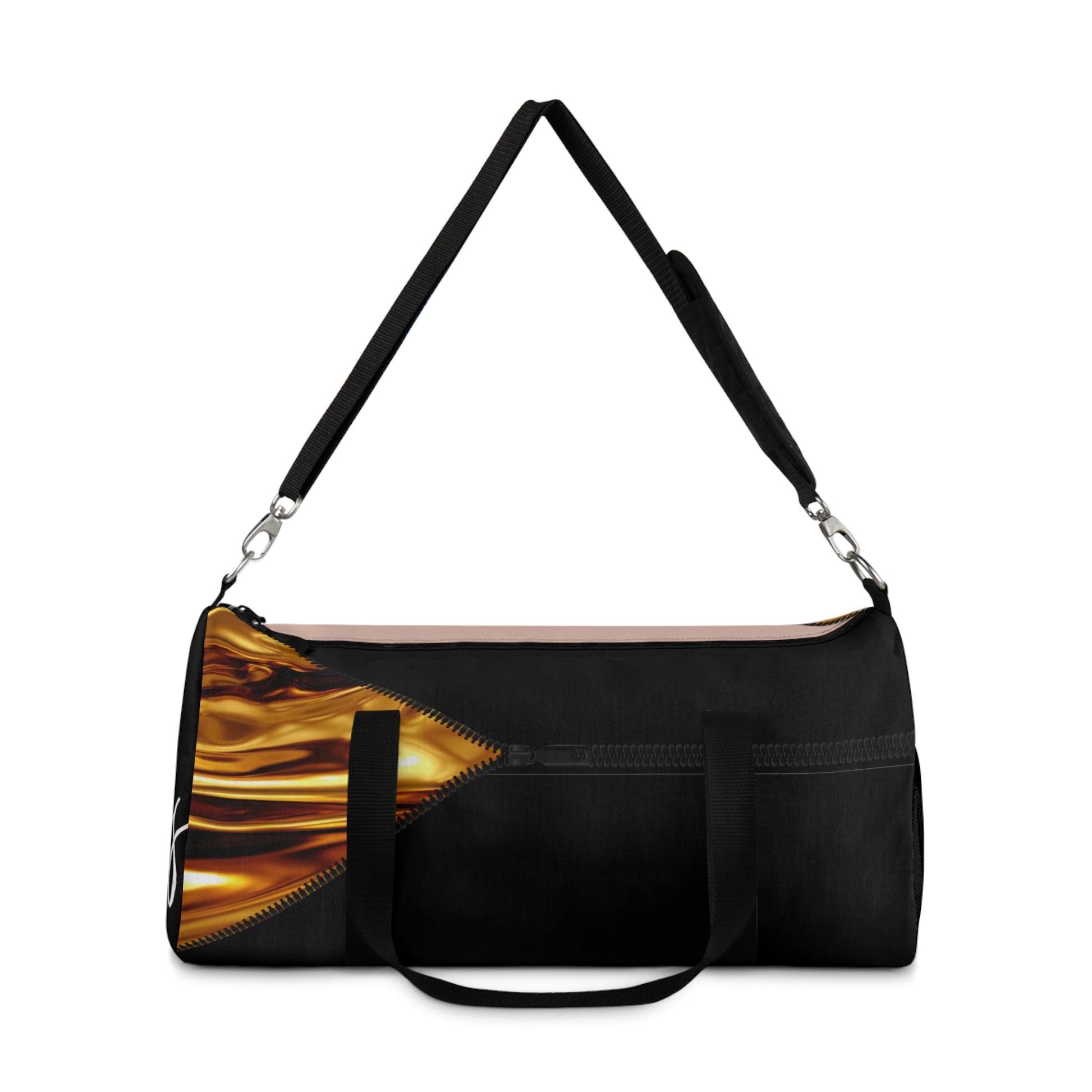 LUXE-Duffel: Front view of black bag with gold texture print over coral and black.