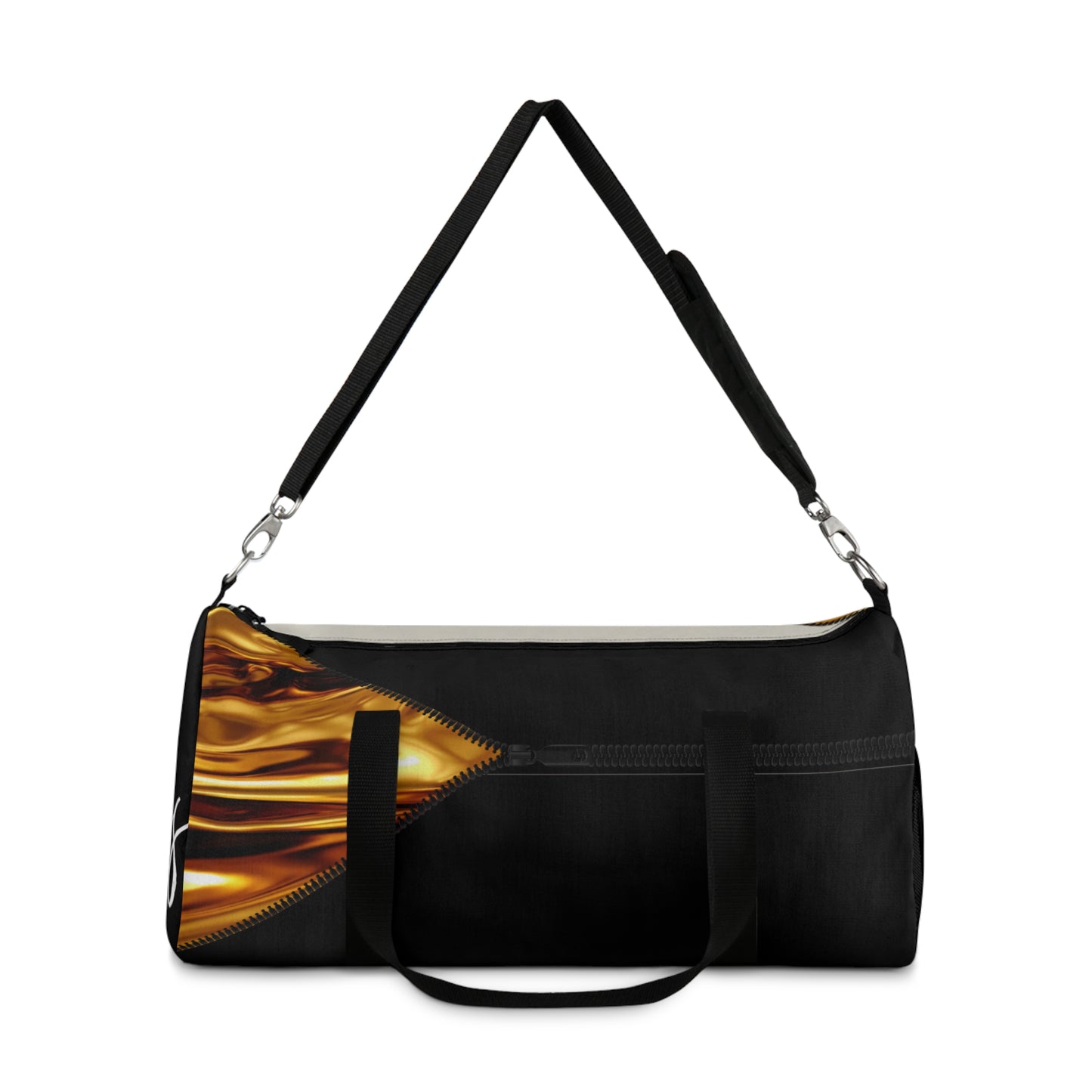 LUXE-Duffel: Front view of black bag with gold texture print over beige and black.