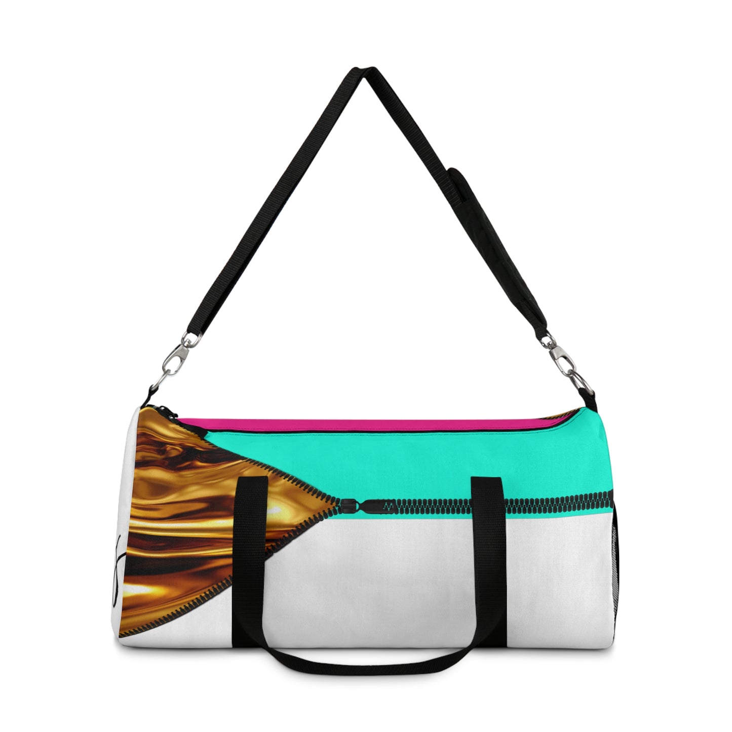 LUXE-Duffel: Front view of white bag with gold texture print over Auras Rose and Auras Turquoise.