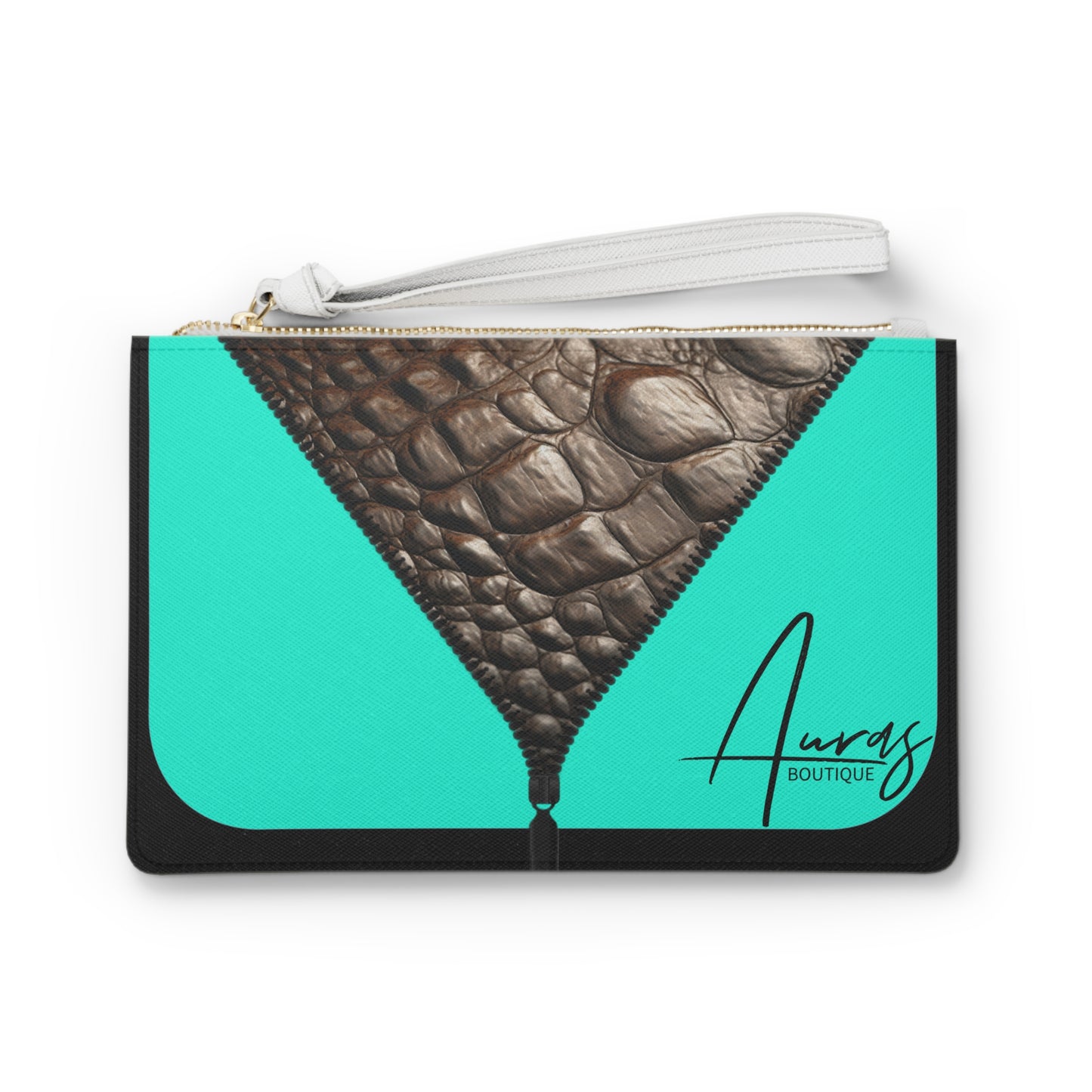 LUXE- Clutch: Front view of black clutch with crocodile texture print over Auras Turquoise..