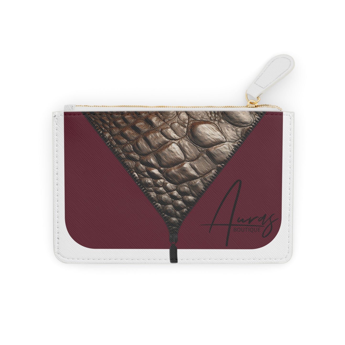 Luxe-Porte Monnaie: Front view of white mini clutch with crocodile texture print over merlot.