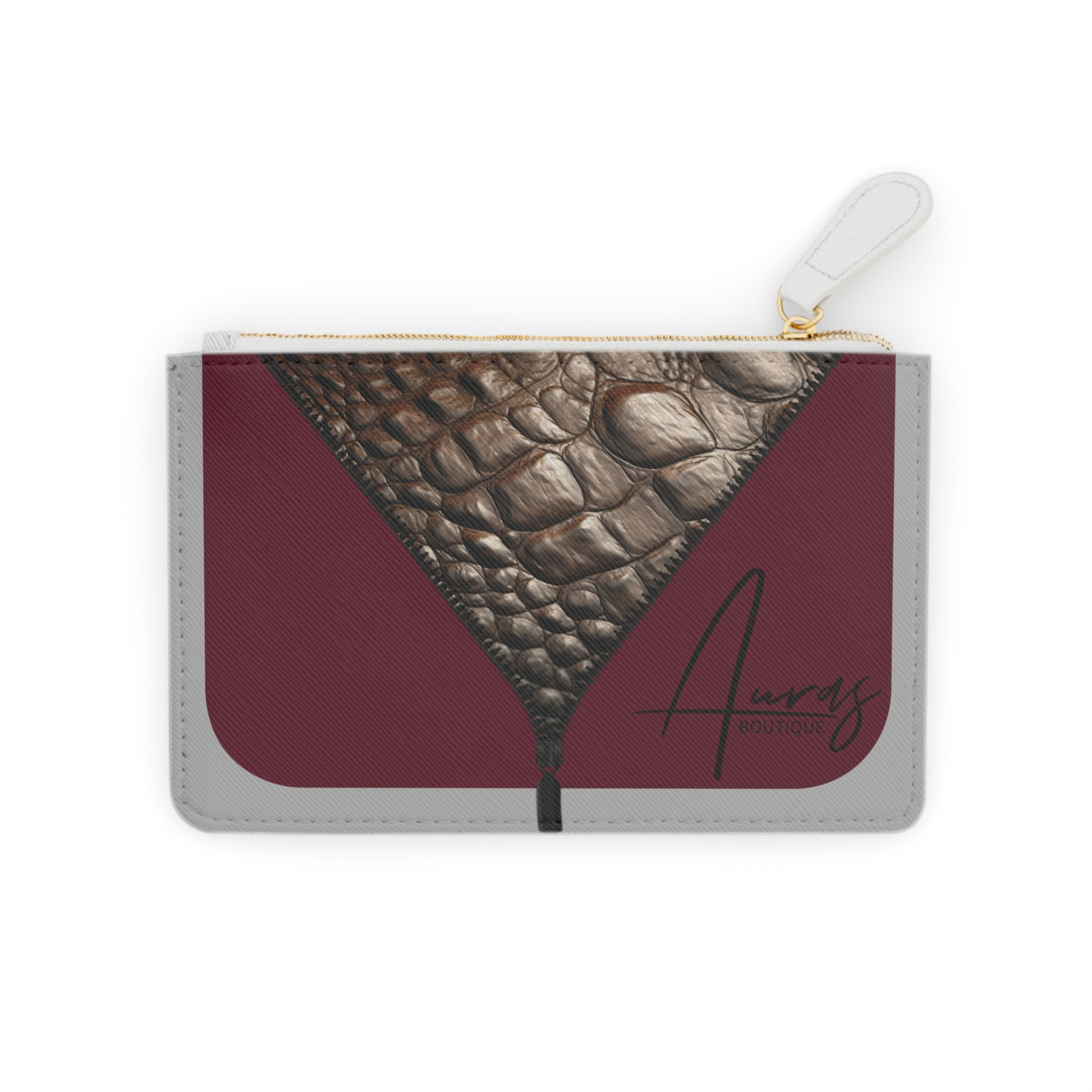 Luxe-Porte Monnaie: Front view of light grey mini clutch with crocodile texture print over merlot.