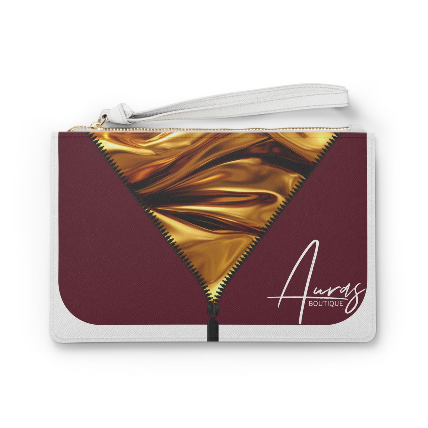 Luxe-Clutch: Front view of white clutch with gold texture print over merlot.