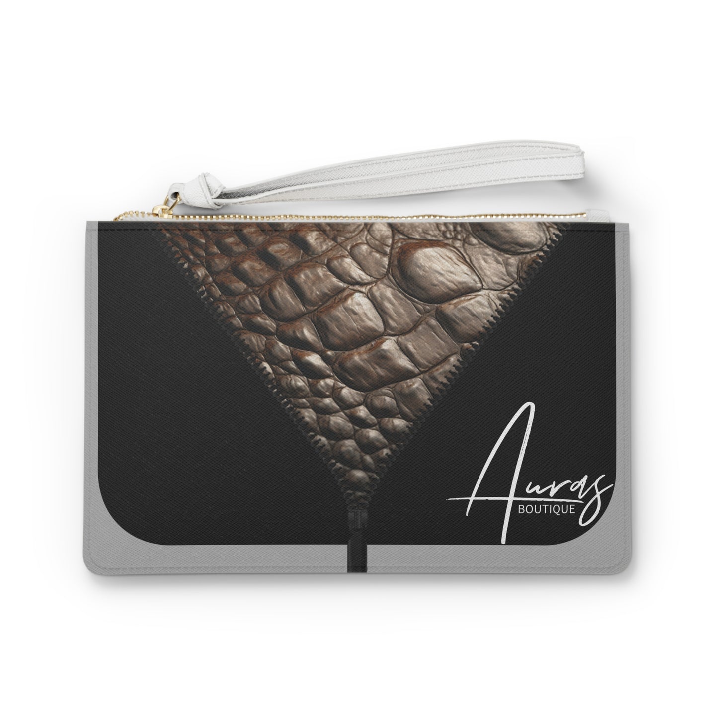 LUXE- Clutch: Front view of light grey clutch with crocodile texture print over black.