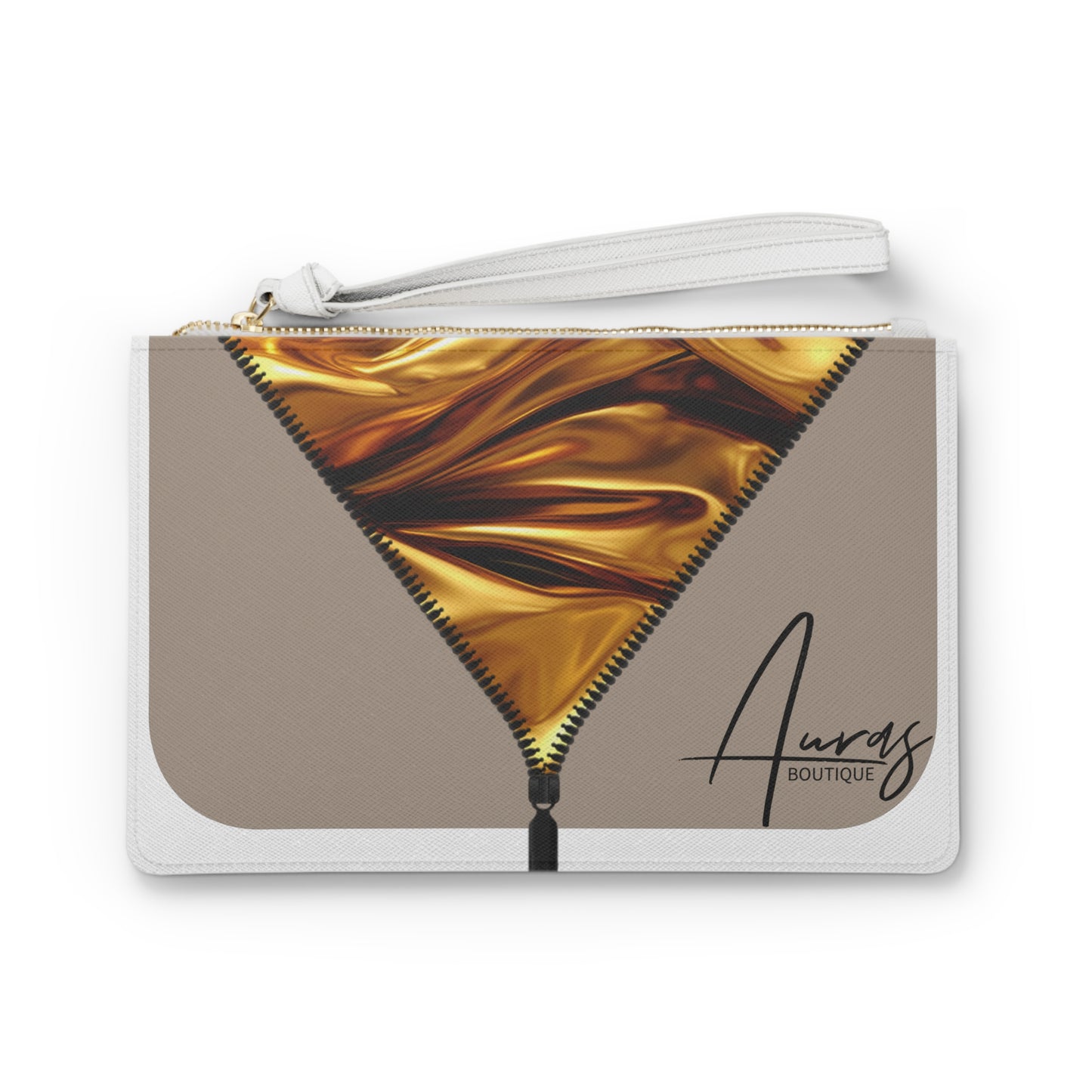 Luxe-Clutch: Front view of white clutch with gold texture print over khaki.