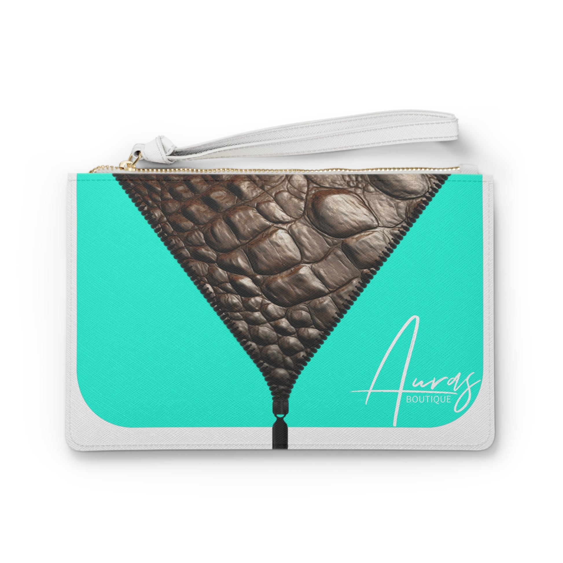 LUXE- Clutch: Front view of white clutch with crocodile texture print over Auras Turquoise.