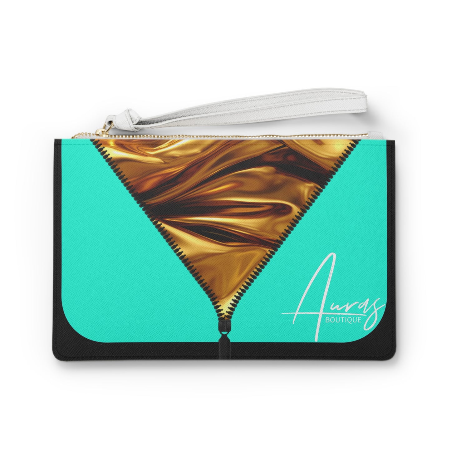 Luxe-Clutch: Front view of black clutch with gold texture print over Auras Turquoise. 