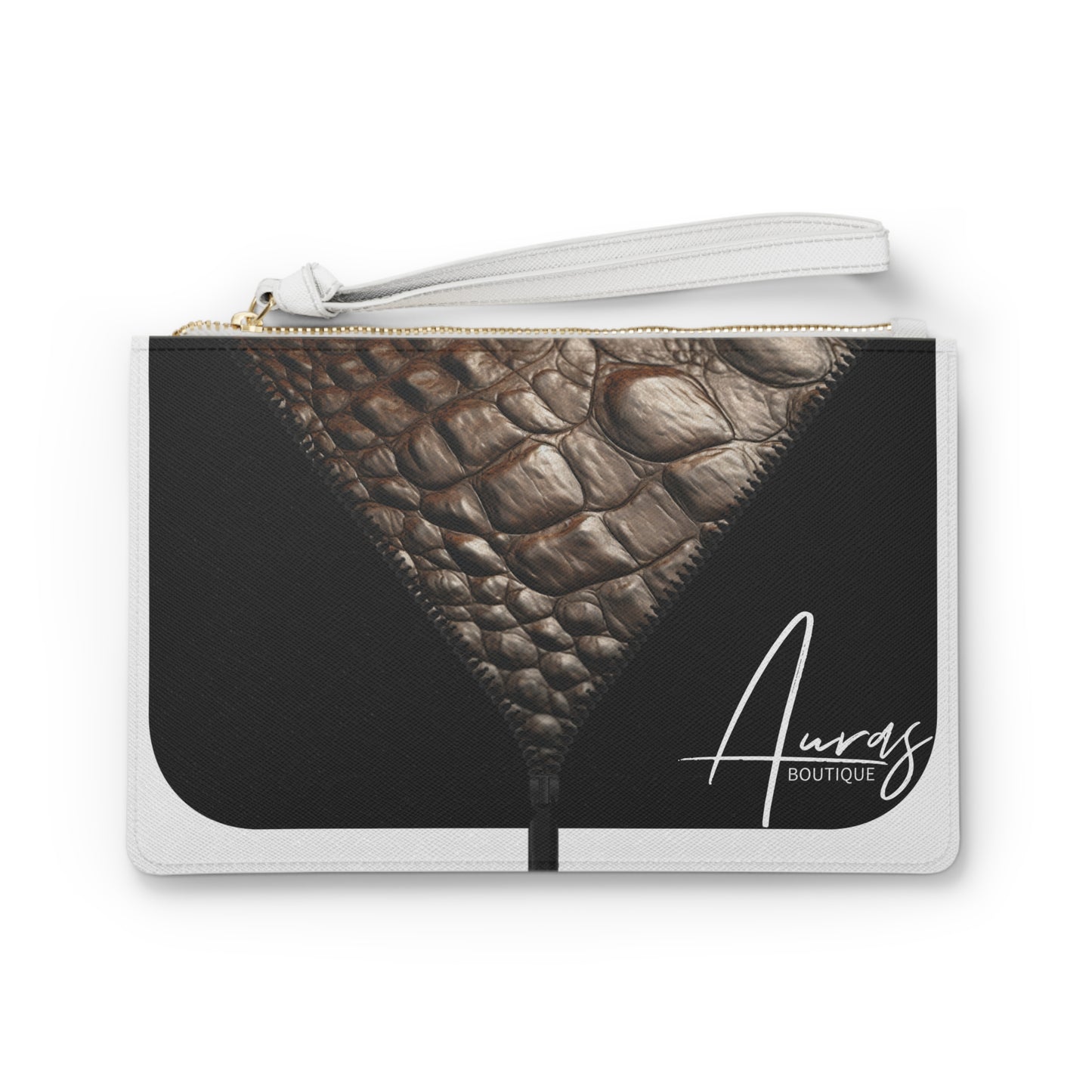 LUXE- Clutch: Front view of white clutch with crocodile texture print over black. 