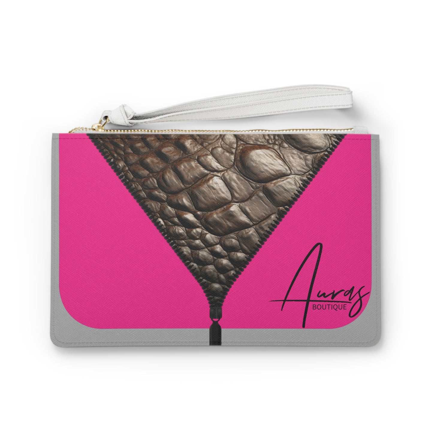 LUXE- Clutch: Front view of light grey clutch with crocodile texture print over Auras Rose. 