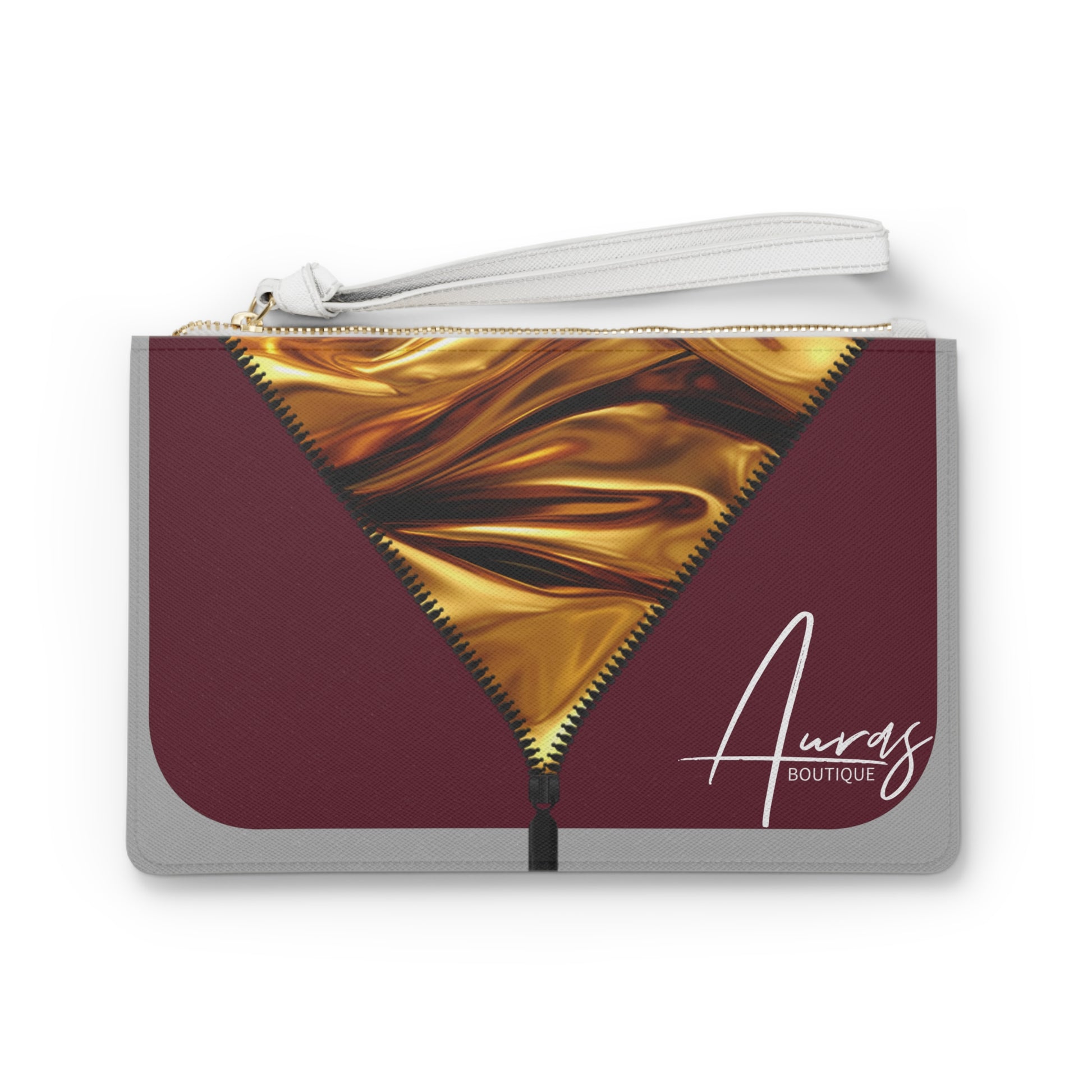 Luxe-Clutch: Front view of light grey clutch with gold texture print over merlot. 