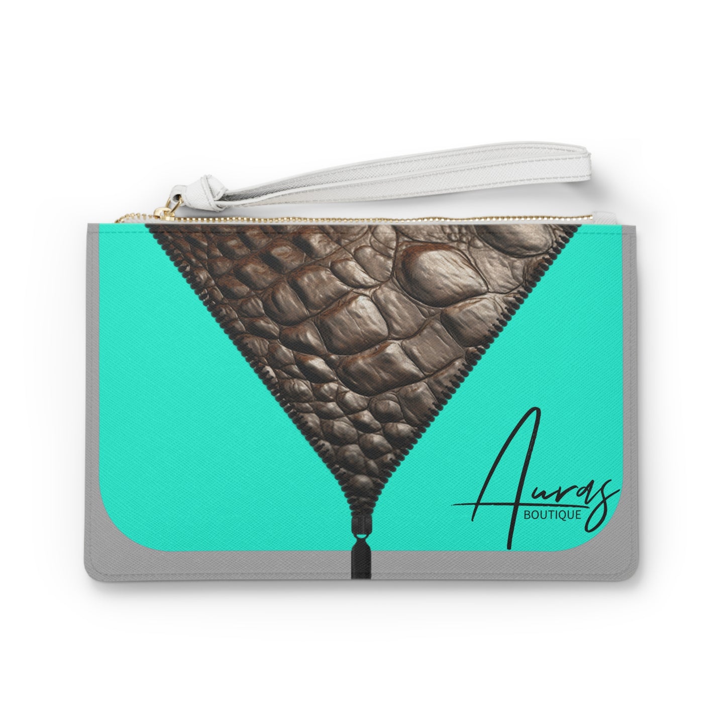 LUXE- Clutch: Front view of light grey clutch with crocodile texture print over Auras Turquoise. 