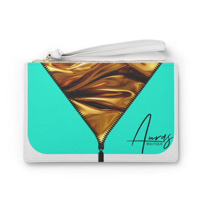 Luxe-Clutch: Front view of white clutch with gold texture print over Auras Turquoise.