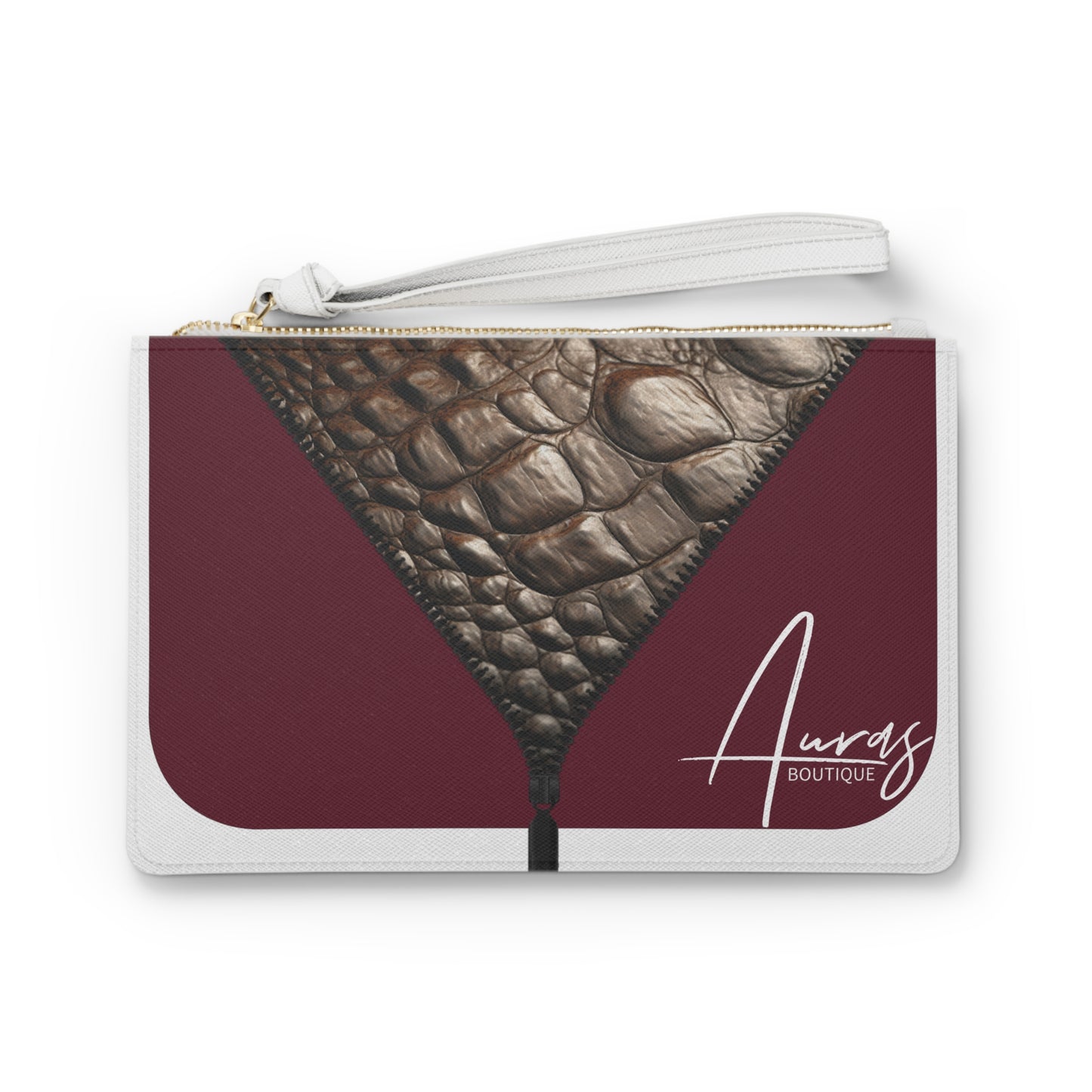 LUXE- Clutch: Front view of white clutch with crocodile texture print over merlot.