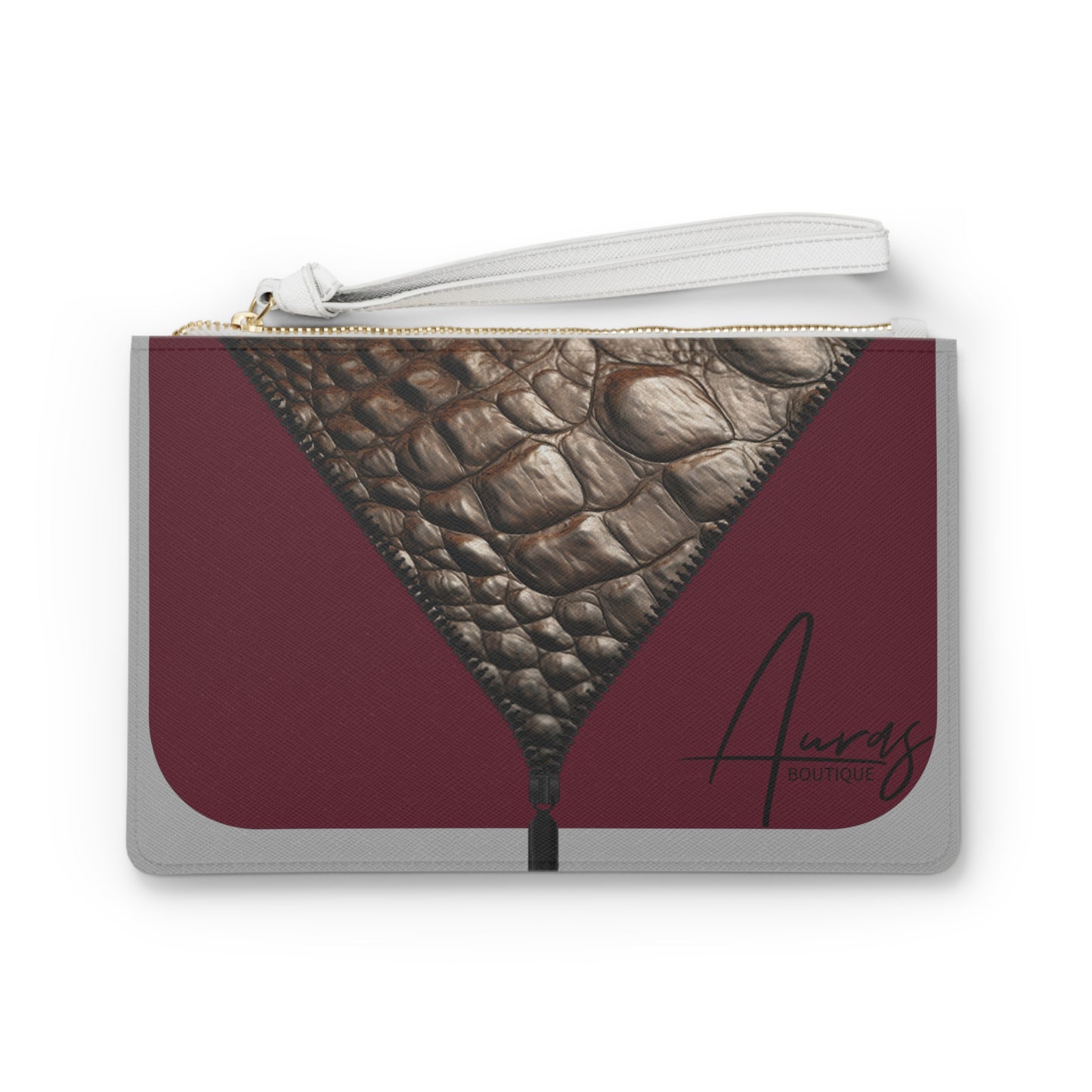 LUXE- Clutch: Front view of light grey clutch with crocodile texture print over merlot. 