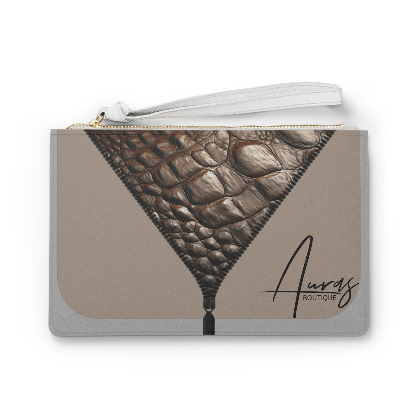 LUXE- Clutch: Front view of light grey clutch with crocodile texture print over khaki.