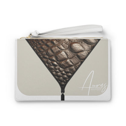 LUXE- Clutch: Front view of white clutch with crocodile texture print over beige. 