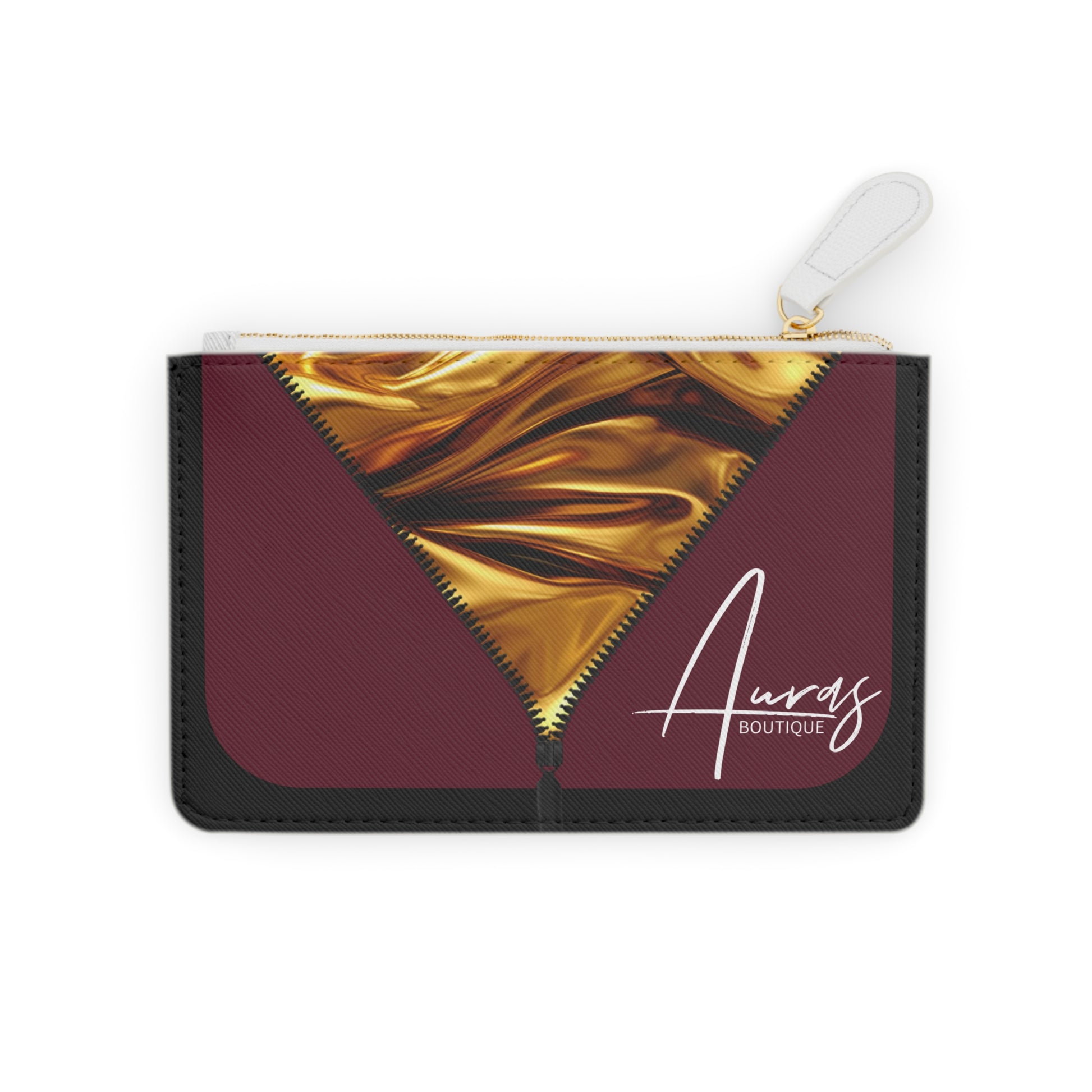 Luxe-Porte Monnaie: Front view of black mini clutch with gold texture print over merlot.