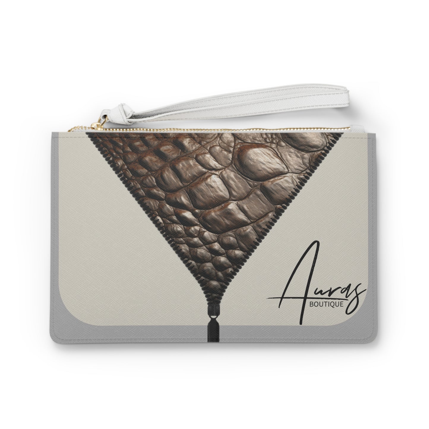 LUXE- Clutch: Front view of light grey clutch with crocodile texture print over beige.