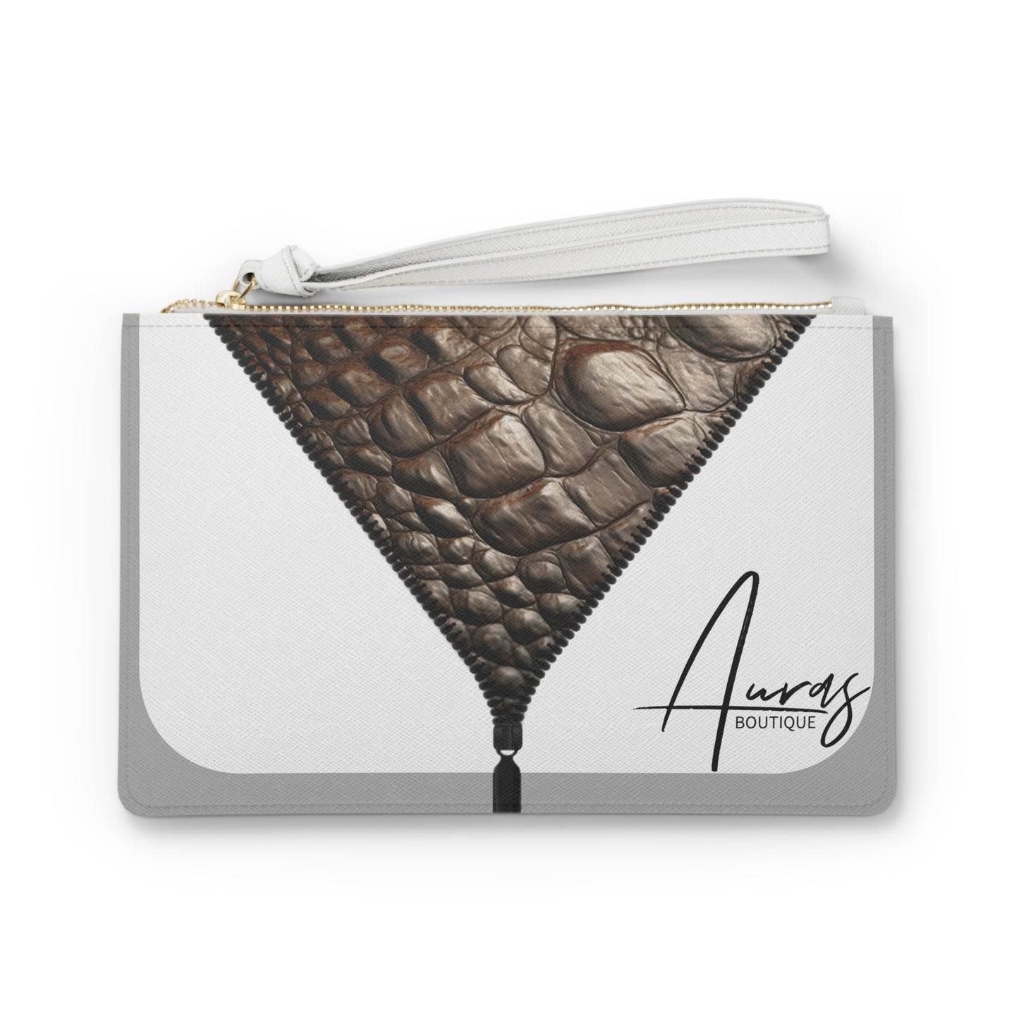 Luxe-Clutch: Front view of light grey clutch with crocodile texture print over white.