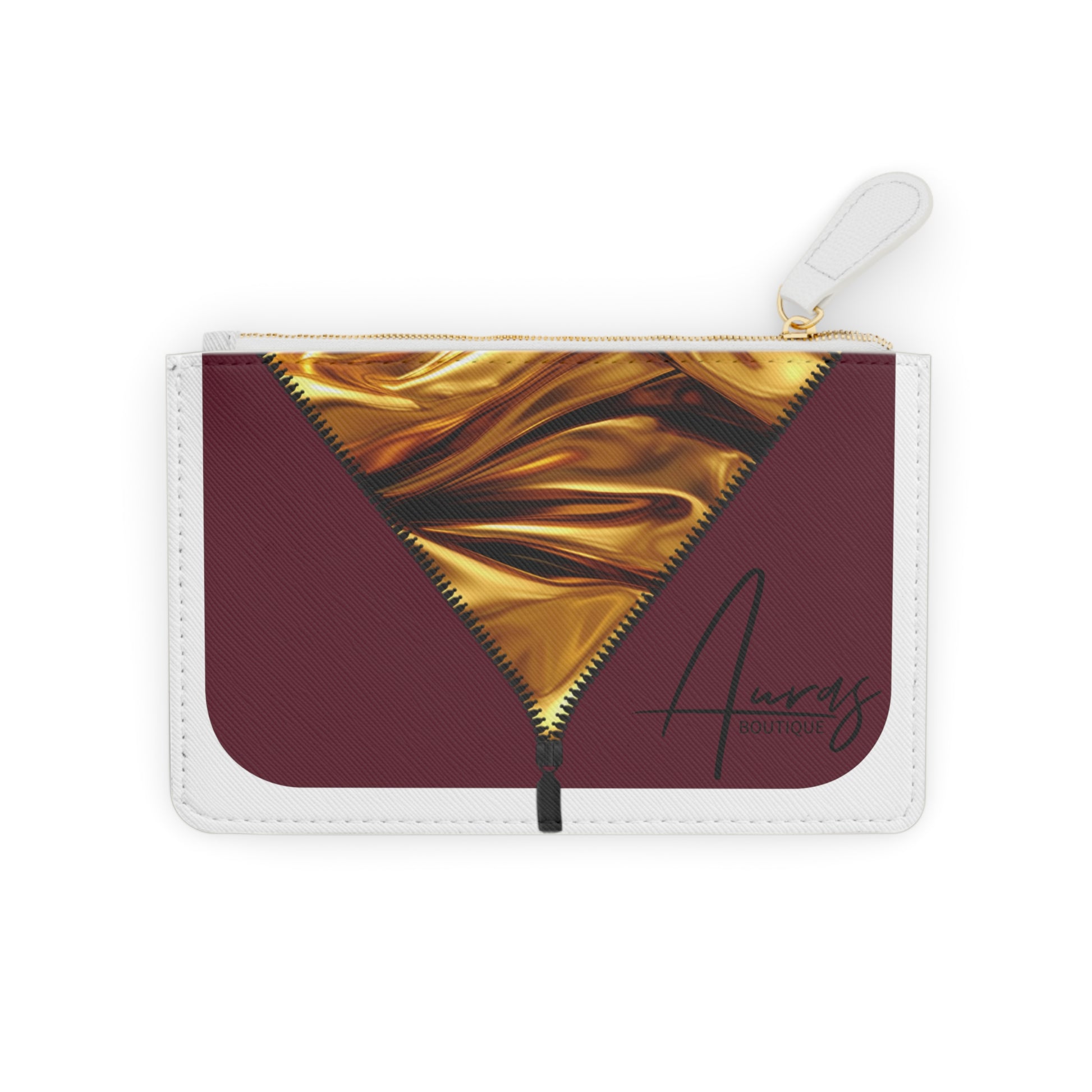 Luxe-Porte Monnaie: Front view of white mini clutch with gold texture print over merlot.