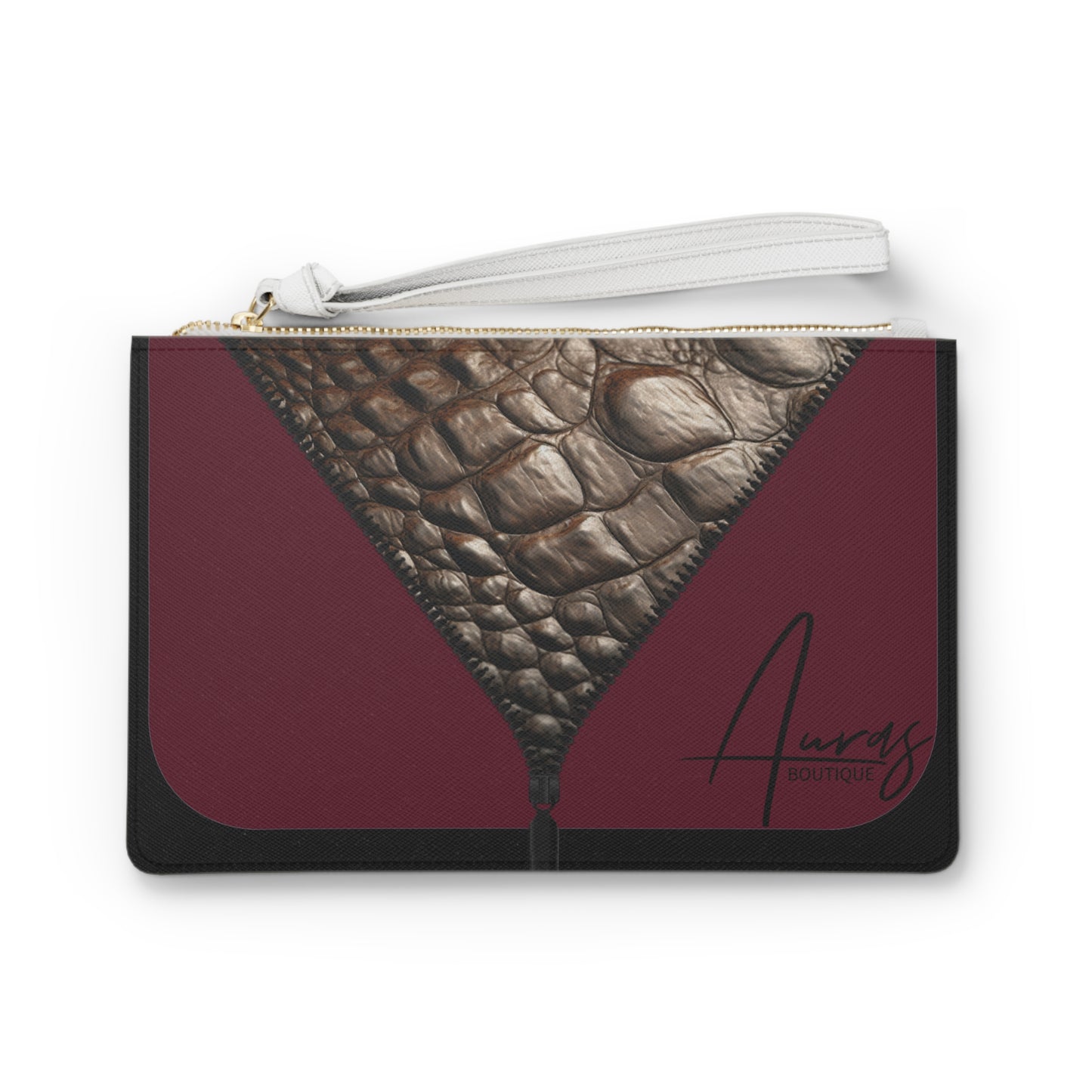 LUXE- Clutch: Front view of black clutch with crocodile texture print over merlot.