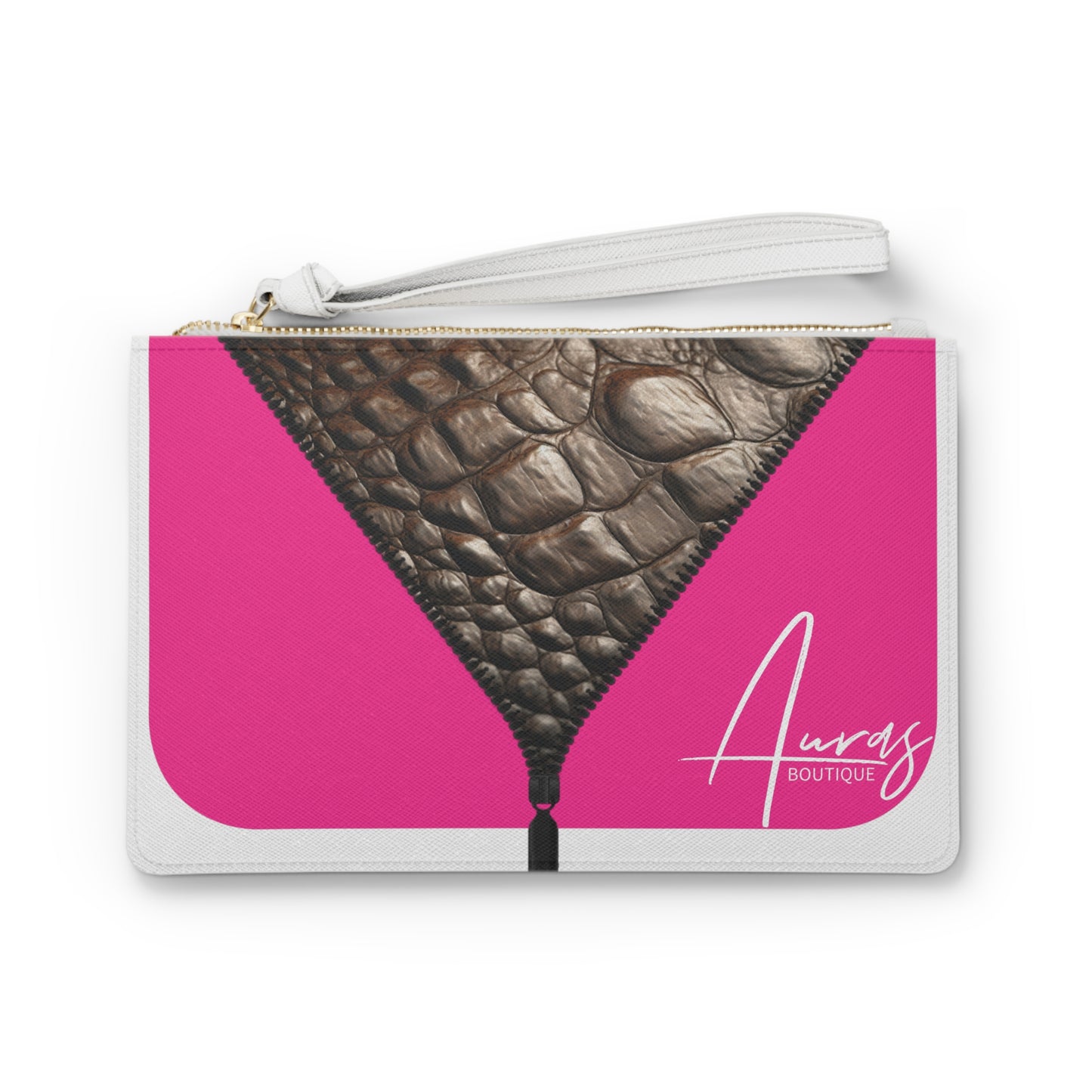 LUXE- Clutch: Front view of white clutch with crocodile texture print over Auras Rose.