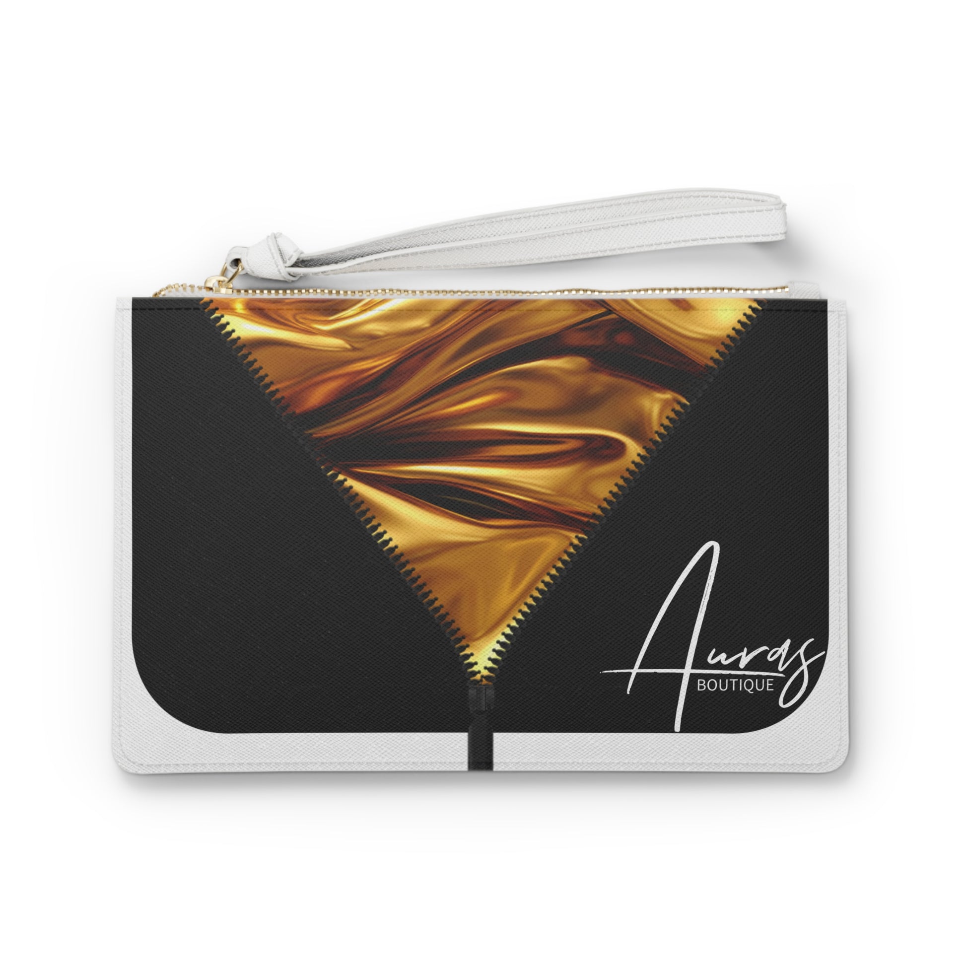 Luxe-Clutch: Front view of white clutch with gold texture print over black. 