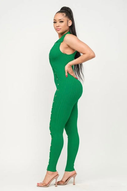 Jaded Bodysuit: Right side view of sleeveless green bodysuit with collar & gold buttons from chest to ankle on model.