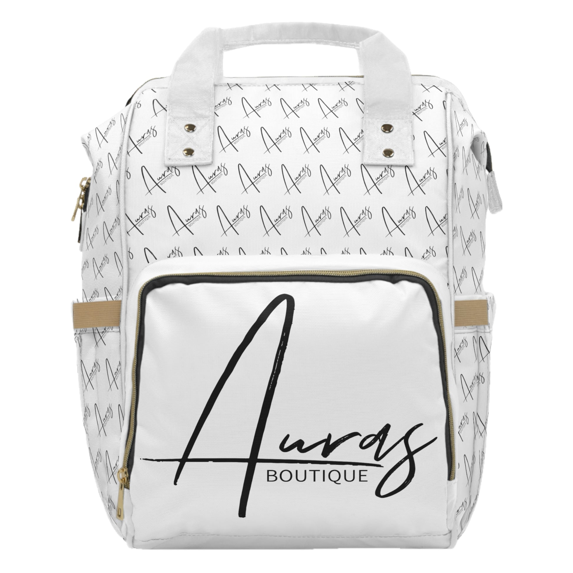 Auras branded white diaper bag