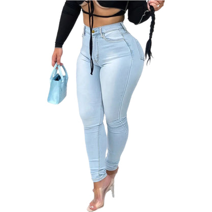 Li Baby Bleux: Mockup image of light blue high-waisted jeans on model. 