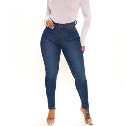 Oouu Bleux: Mockup image of high-waisted dark blue denim jeans on model. 