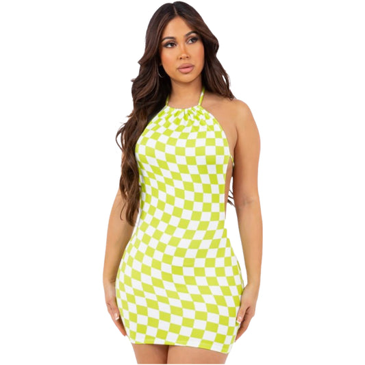 Checkmate(Lime Backless): Mockup image of lime backless checkerboard patterned dress on model.