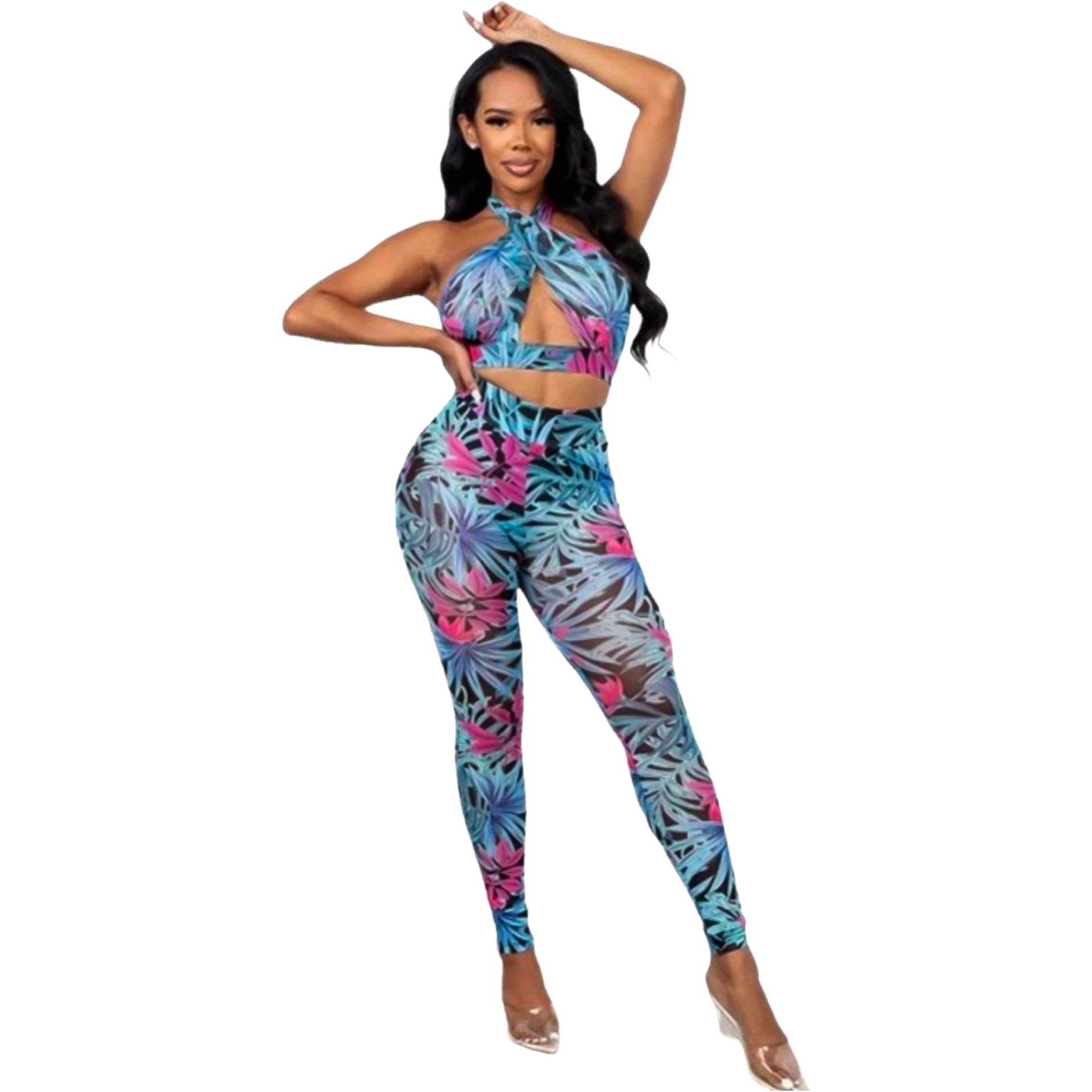 West Palm Beach: Full Profile of 2 piece crop top and leggings on model.