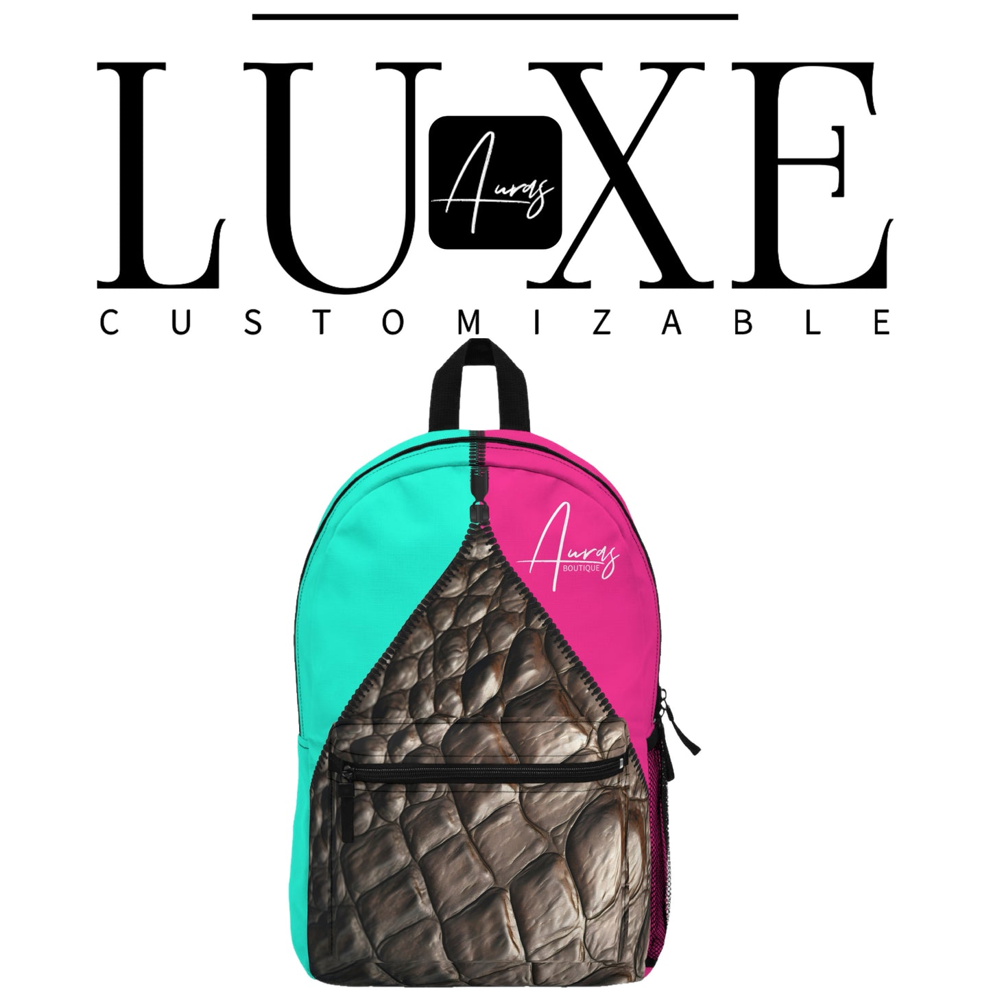 Auras Boutique's eye-catching customizable LUXE backpack! Pink & teal with a surprise crocodile print front pocket and black accents. Shop cute & practical bags.