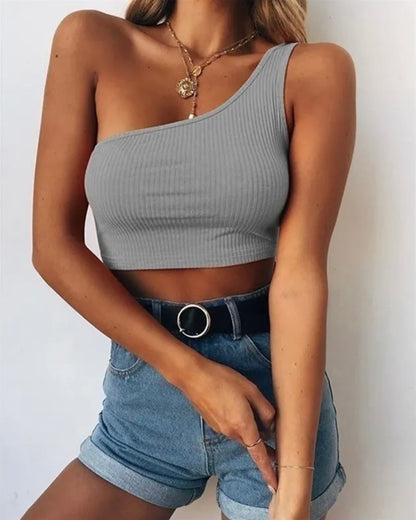 Aurora Women's One-Shoulder Crop Top in trendy grey ribbed knit, perfect for date nights, club attire or nights out on the town