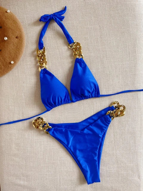 Product Image Bikini Bae 2-piece swimsuit blue with gold chain straps and waist