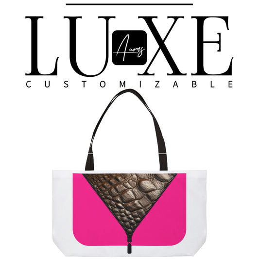 Make a statement with your bag! Auras Boutique's customizable pink & teal LUXE tote with crocodile print. Shop our trendy collection now! 